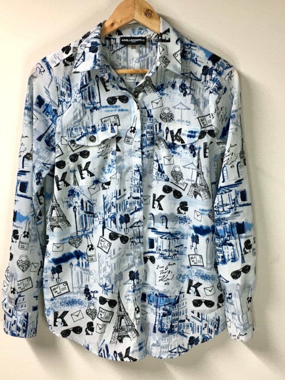 Karl Lagerfeld Women's Paris Eiffel Tower Print Long Sleeve Button Up Shirt XS